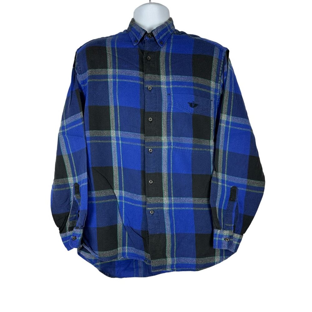 Dockers Mens Medium Long Sleeve Blue Plaid Flannel Shirt Button Down USA Made